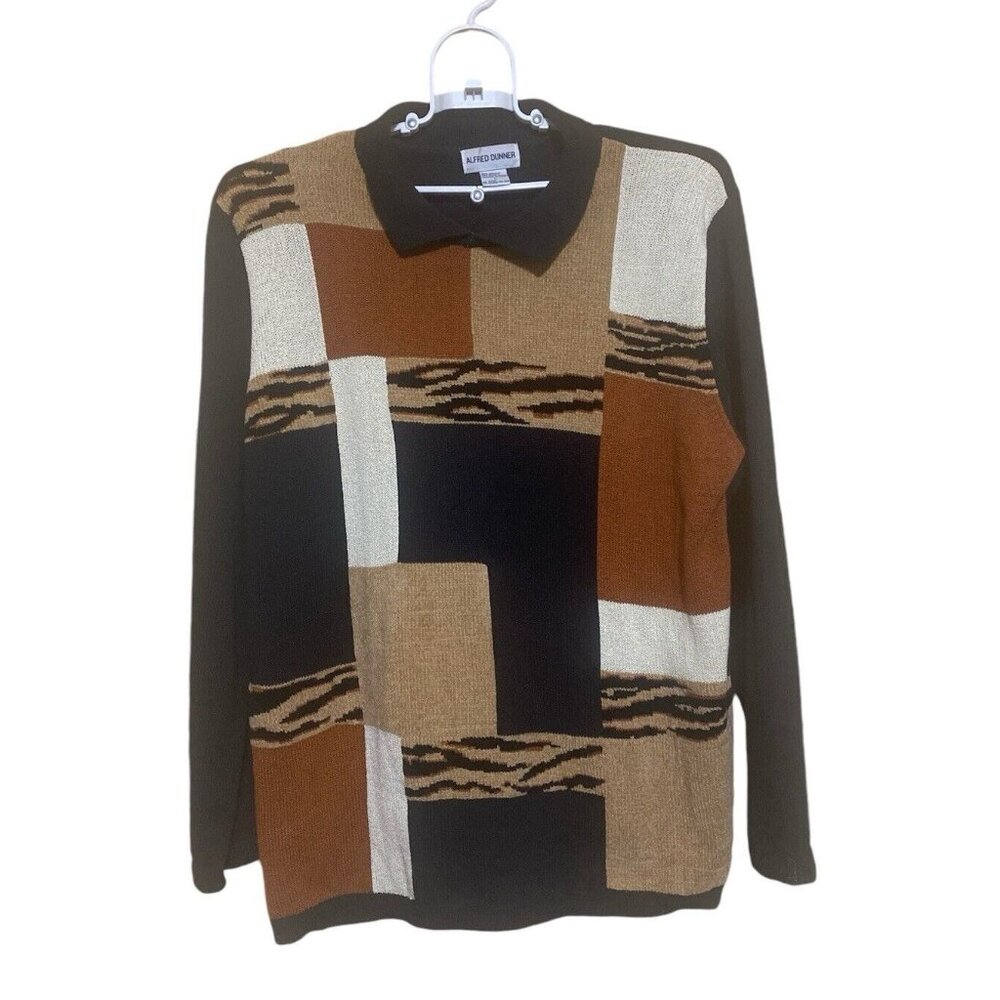 Alfred Dunner Sweater Women Size Large Colorblock Animal Print Vintage Collared